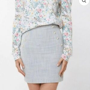 Generation Love-XS-Blue/white-tweed, pearl, button detail, Mini, Pencil, Skirt.